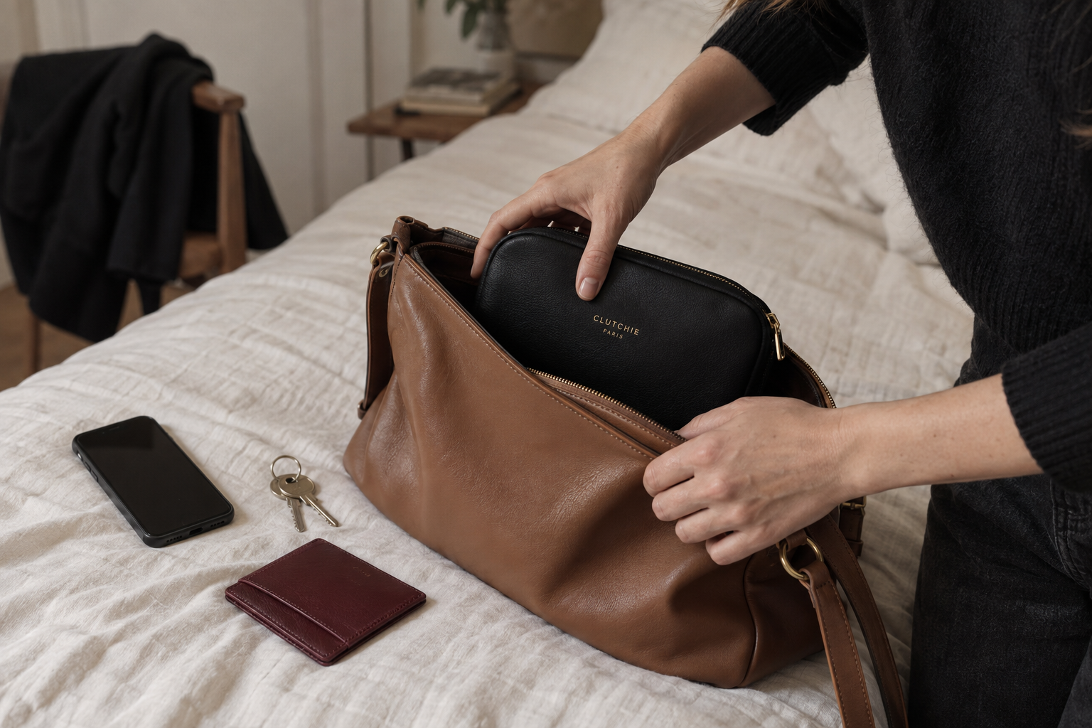 Pochette CLUTCHIE rangée dans un sac à main avant une soirée