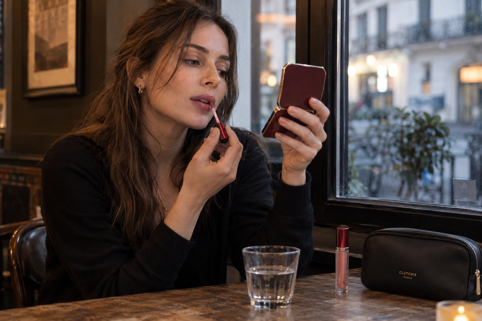 Retouche de gloss en soirée avec la pochette CLUTCHIE